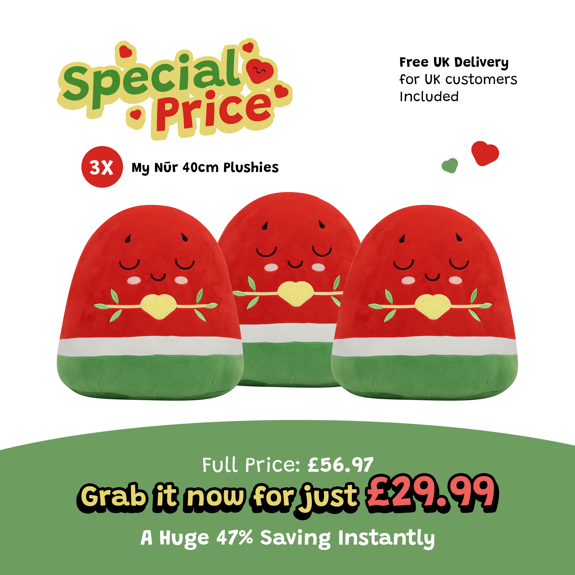 Pack of 3 Watermelon Plushie - 40cm Soft Cuddly Pillow Adorable Fruit Plush Muslim Doll [SPECIAL DEAL]  | Ramadan & Eid Gift