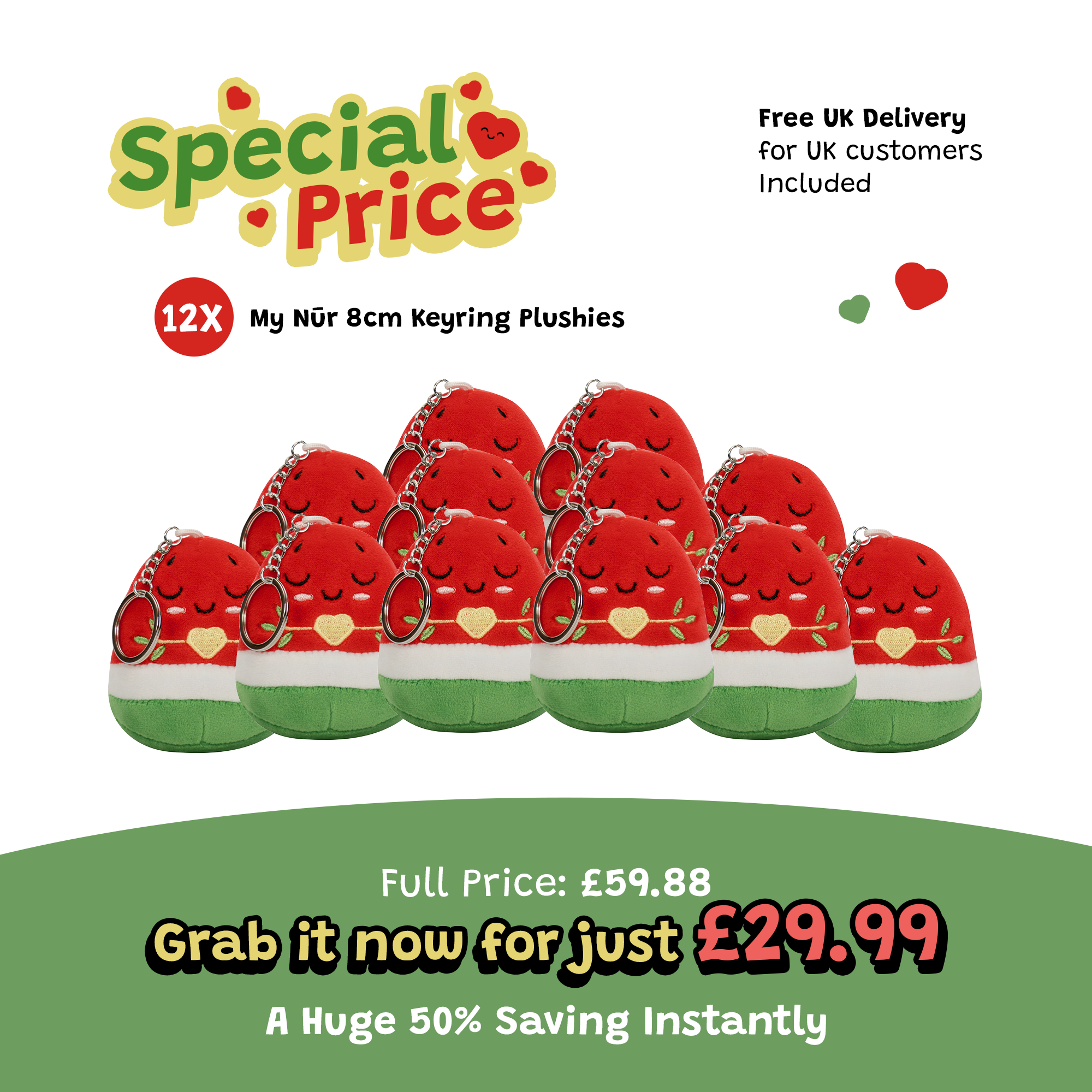 Pack of 12 - 8cm Nür the Watermelon Plushie Keyrings [SPECIAL DEAL] | Soft Cuddly Toy | Ramadan & Eid Gift