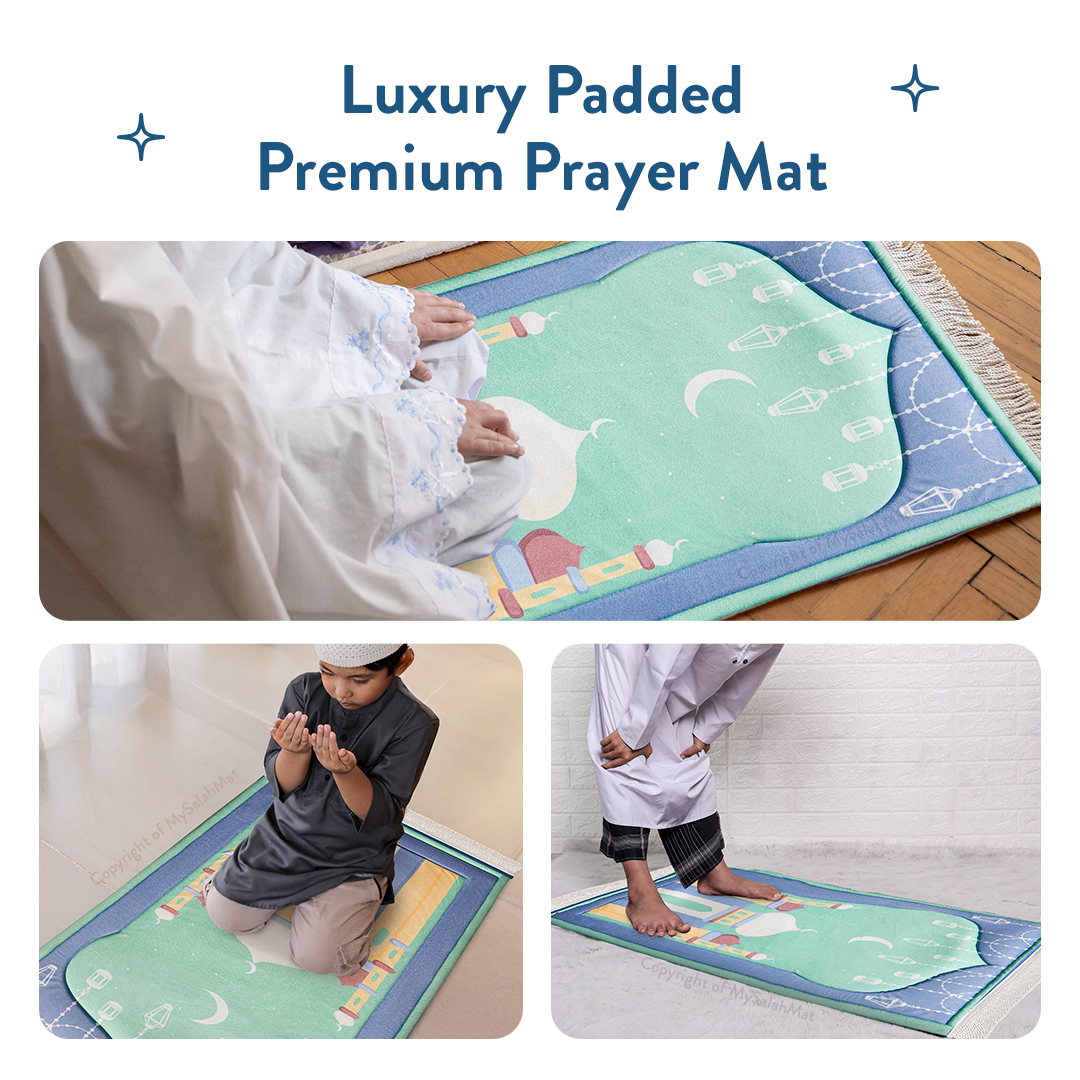 Padded Kids Prayer Mat with Aqua Mumbai Mosque Design by Urban Rugs UK | Ramadan & Eid Gift