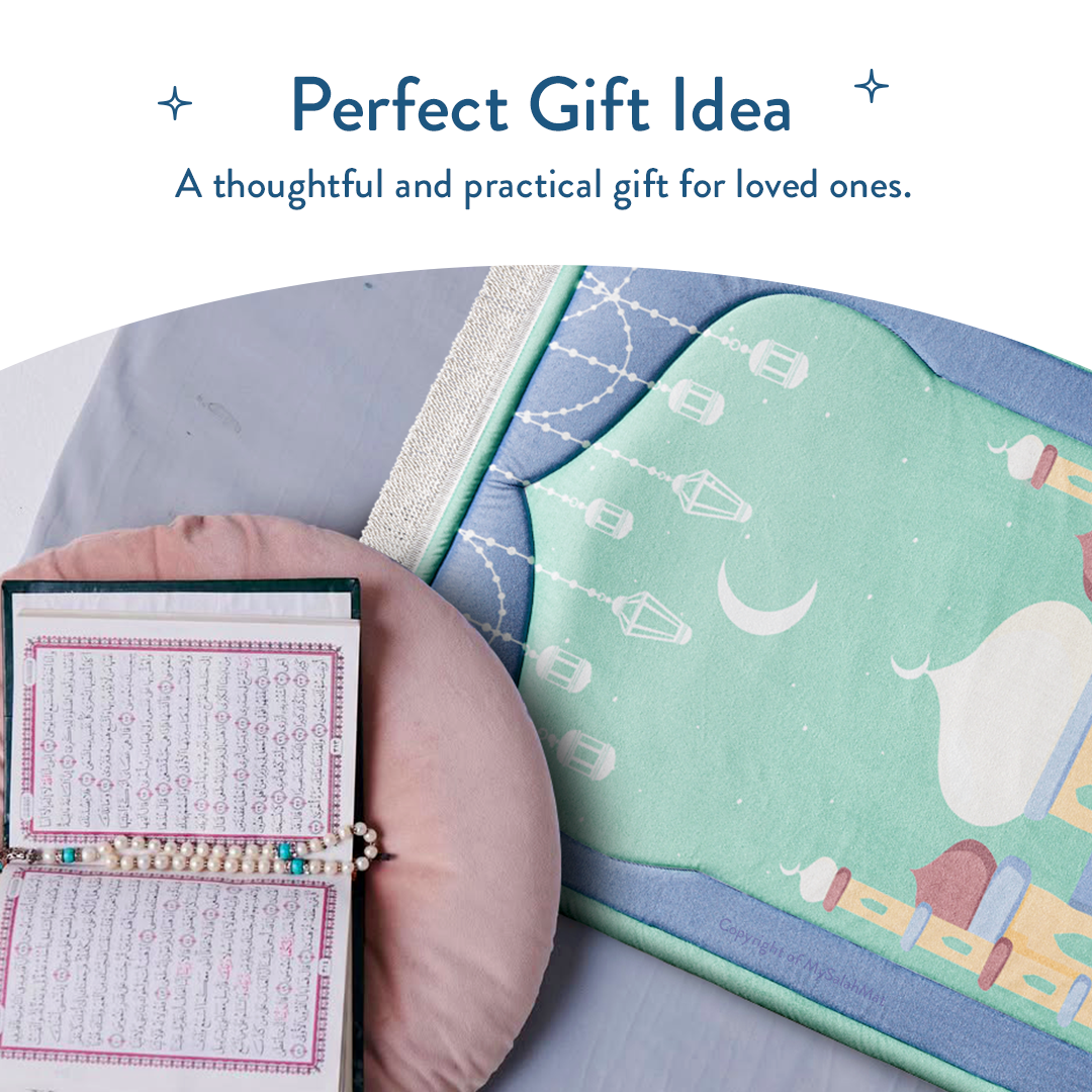 Padded Kids Prayer Mat with Aqua Mumbai Mosque Design by Urban Rugs UK | Ramadan & Eid Gift