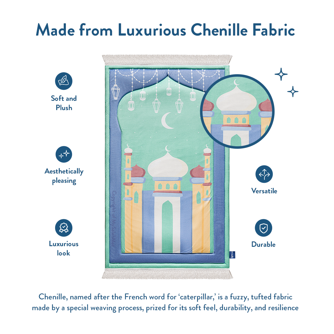 Padded Kids Prayer Mat with Aqua Mumbai Mosque Design by Urban Rugs UK | Ramadan & Eid Gift
