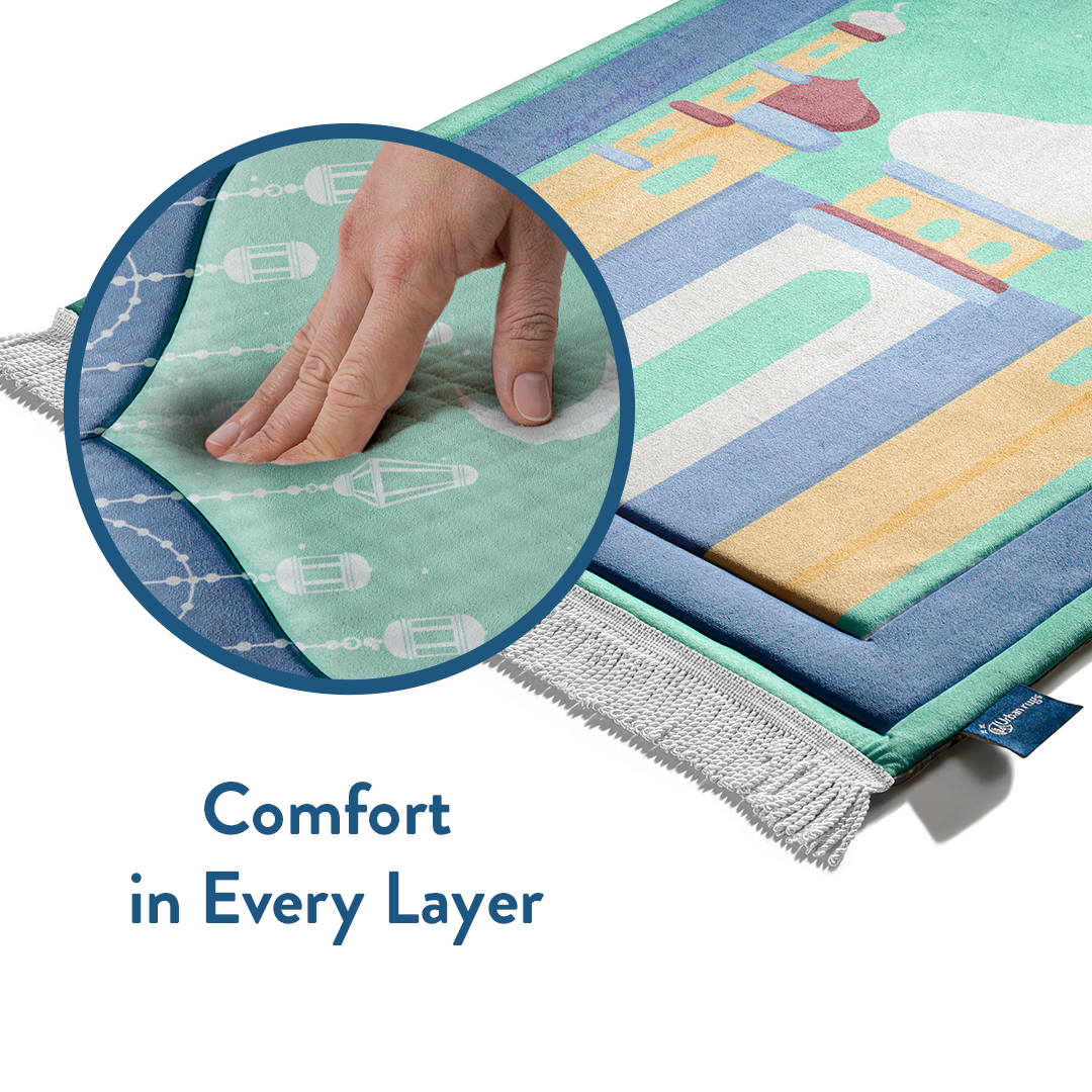 Padded Kids Prayer Mat with Aqua Mumbai Mosque Design by Urban Rugs UK | Ramadan & Eid Gift