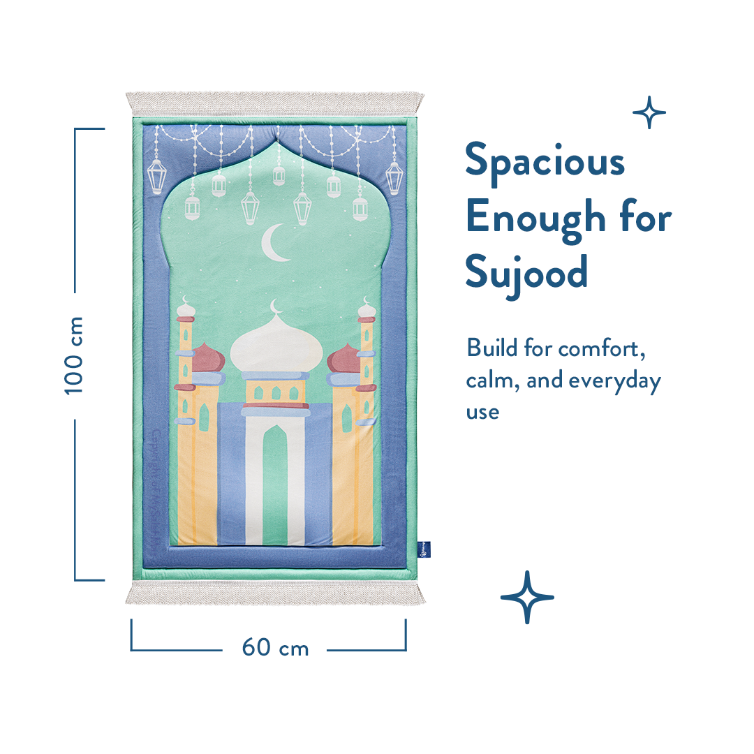 Padded Kids Prayer Mat with Aqua Mumbai Mosque Design by Urban Rugs UK | Ramadan & Eid Gift