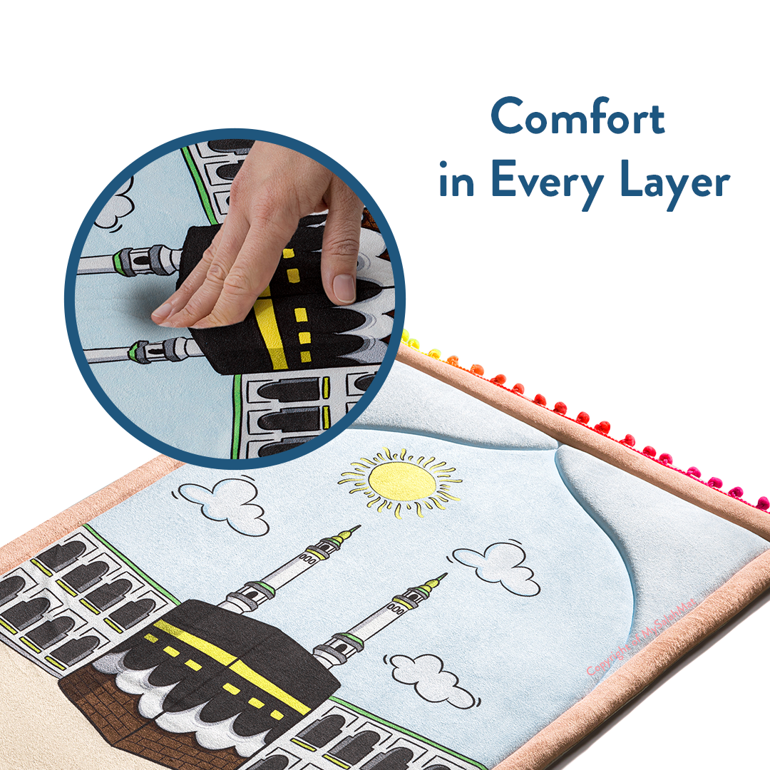 Padded Toddler Prayer Mat with Midday in Mecca Design by Urban Rugs UK | Ramadan & Eid Gift