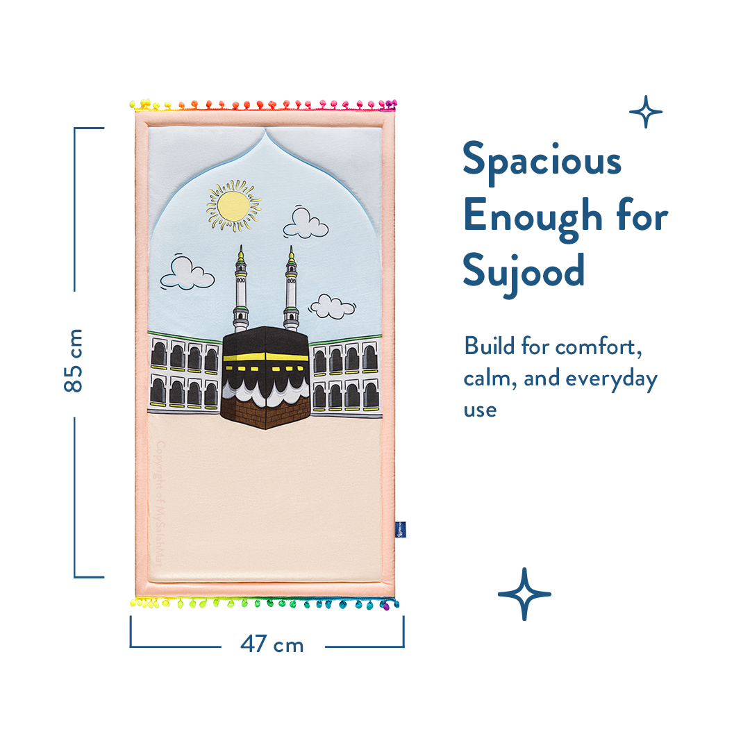 Padded Toddler Prayer Mat with Midday in Mecca Design by Urban Rugs UK | Ramadan & Eid Gift