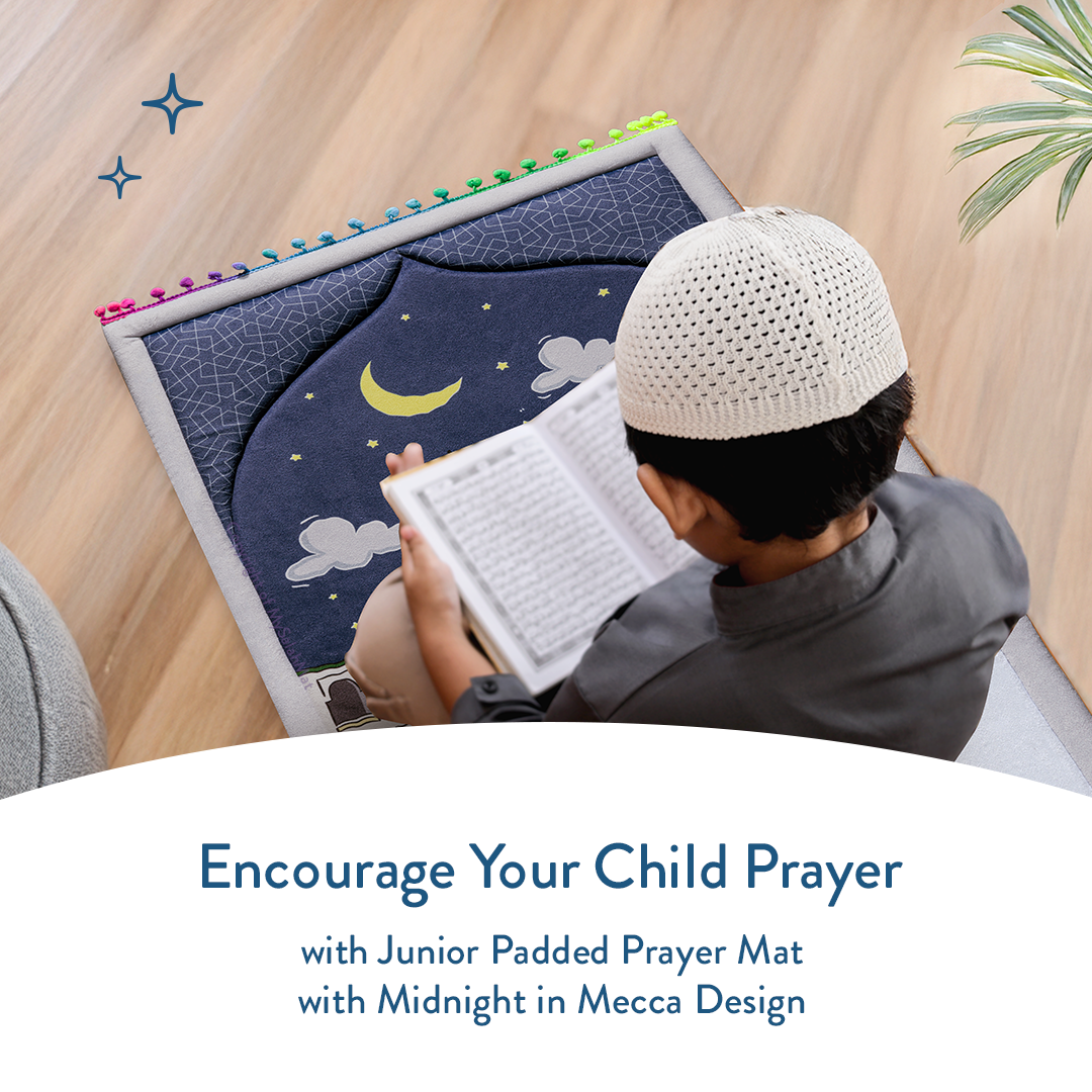 Padded Toddler Prayer Mat with Midnight in Mecca Design by Urban Rugs UK | Ramadan & Eid Gift