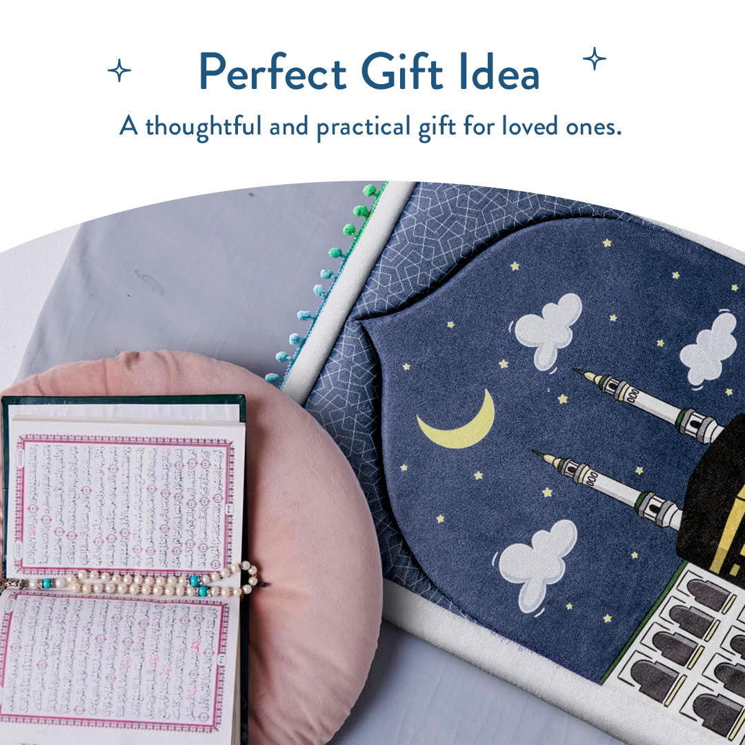 Padded Toddler Prayer Mat with Midnight in Mecca Design by Urban Rugs UK | Ramadan & Eid Gift