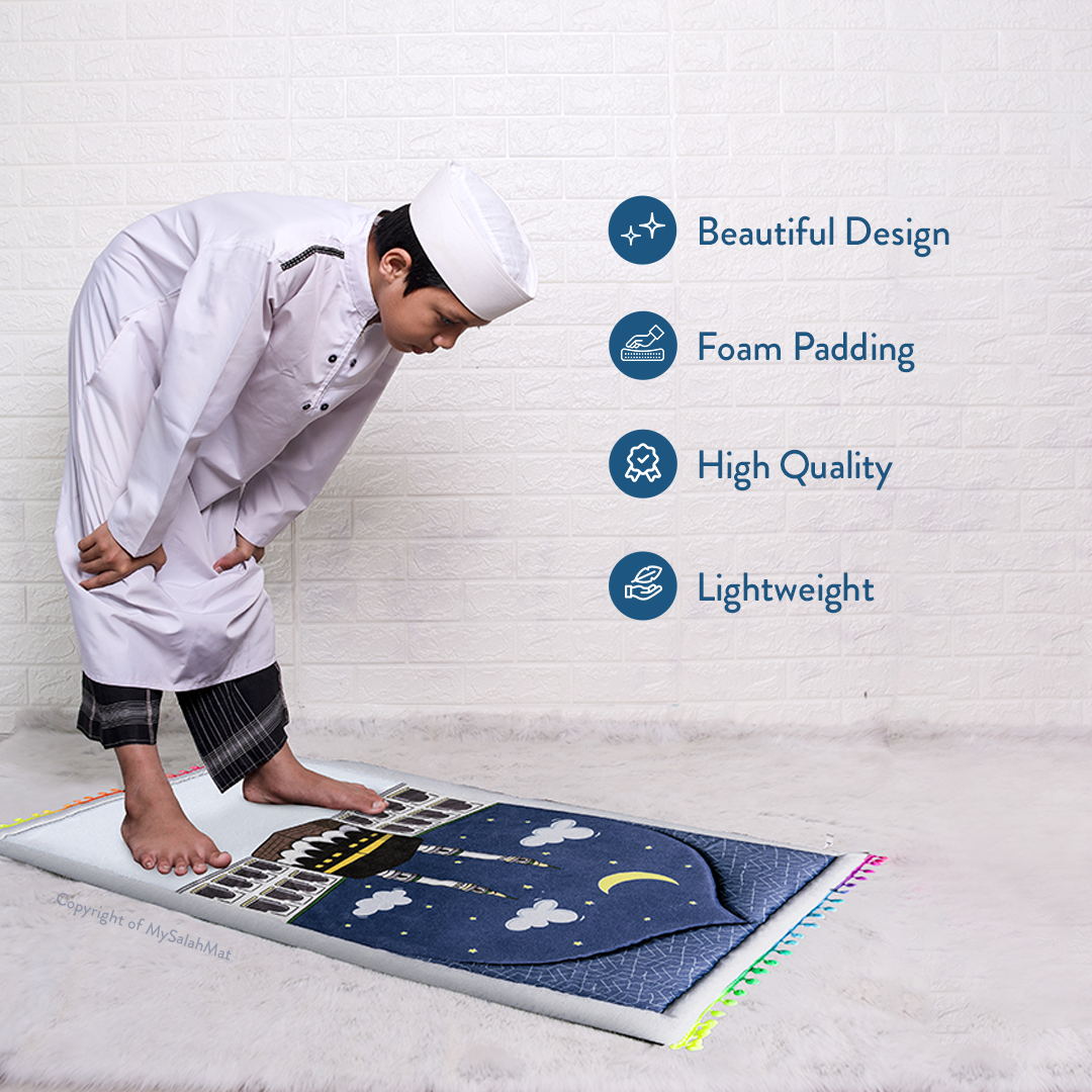 Padded Toddler Prayer Mat with Midnight in Mecca Design by Urban Rugs UK | Ramadan & Eid Gift