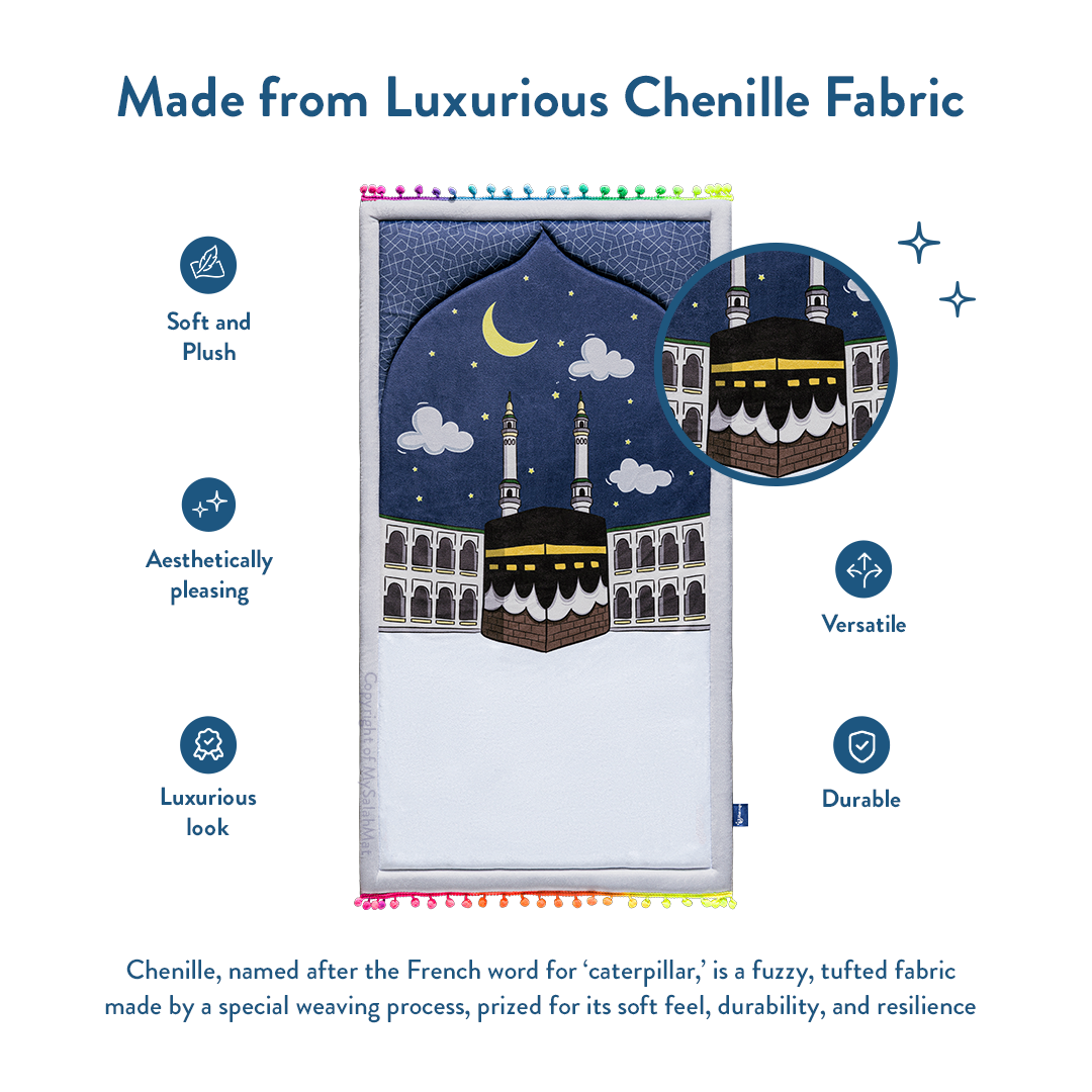 Padded Toddler Prayer Mat with Midnight in Mecca Design by Urban Rugs UK | Ramadan & Eid Gift