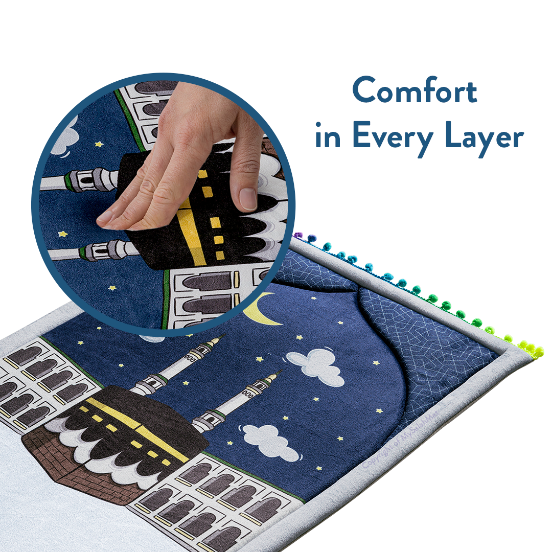 Padded Toddler Prayer Mat with Midnight in Mecca Design by Urban Rugs UK | Ramadan & Eid Gift
