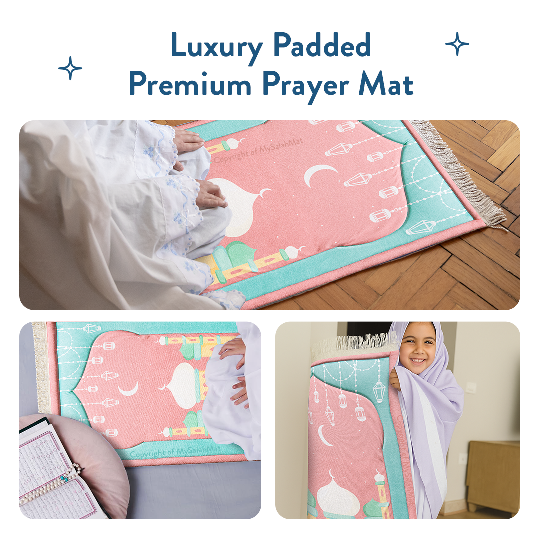 Padded Kids Prayer Mat with Pink Mumbai Mosque Design by Urban Rugs UK | Ramadan & Eid Gift