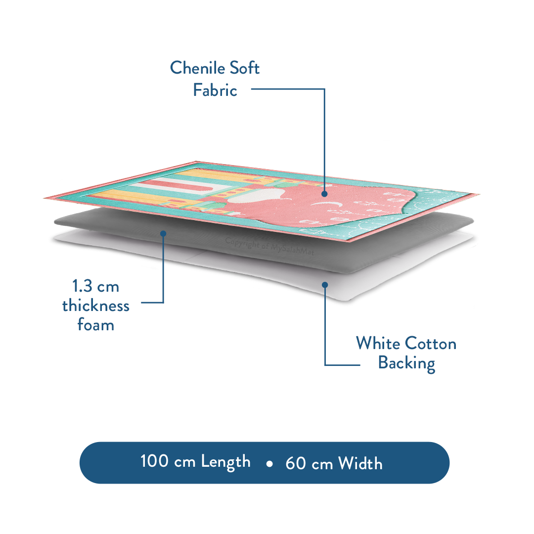 Padded Kids Prayer Mat with Pink Mumbai Mosque Design by Urban Rugs UK | Ramadan & Eid Gift