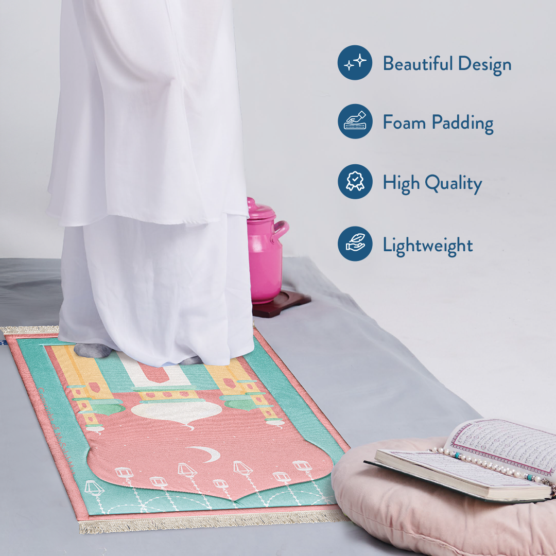 Padded Kids Prayer Mat with Pink Mumbai Mosque Design by Urban Rugs UK | Ramadan & Eid Gift