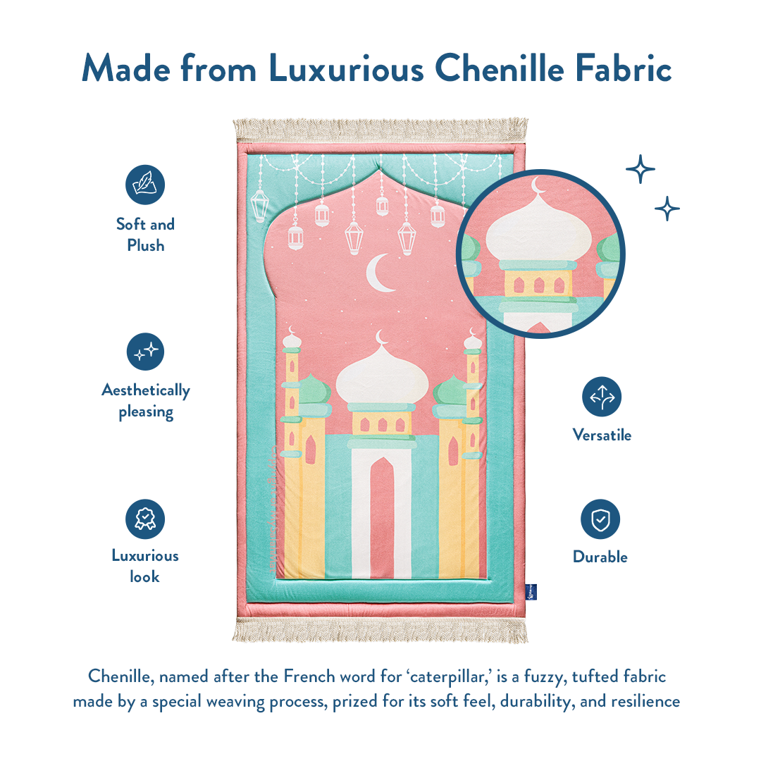 Padded Kids Prayer Mat with Pink Mumbai Mosque Design by Urban Rugs UK | Ramadan & Eid Gift