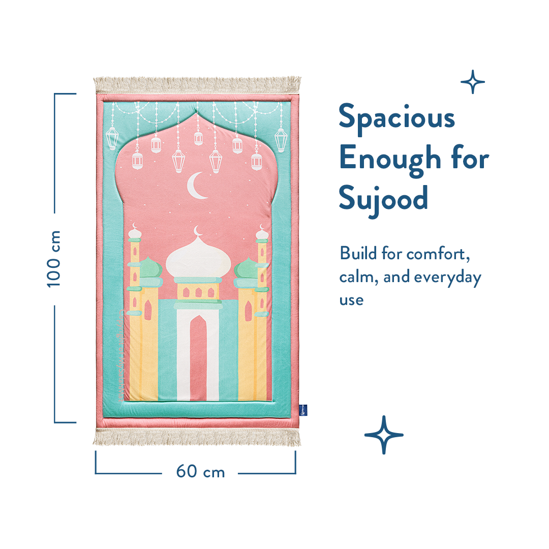 Padded Kids Prayer Mat with Pink Mumbai Mosque Design by Urban Rugs UK | Ramadan & Eid Gift