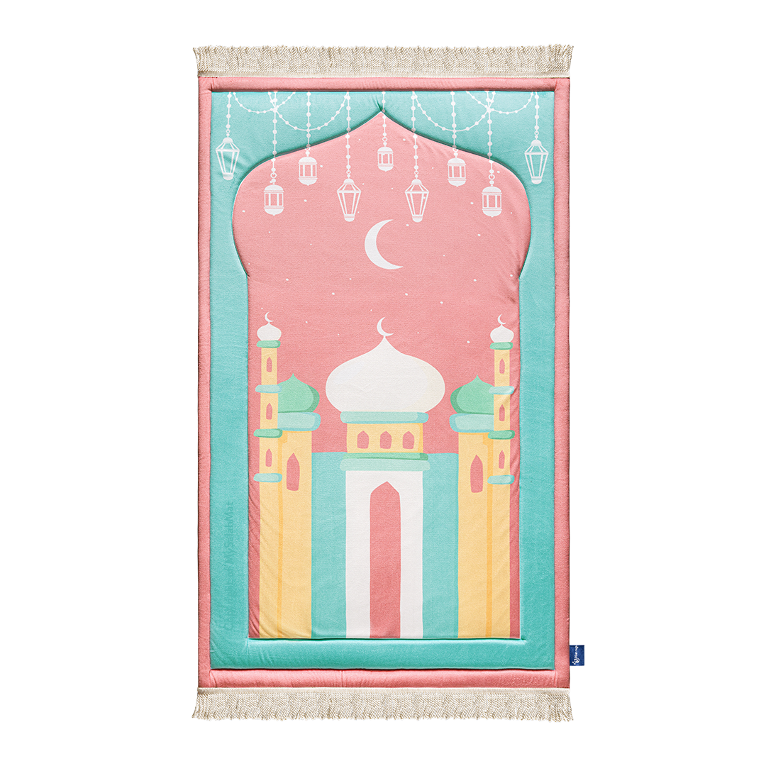 Padded Kids Prayer Mat with Pink Mumbai Mosque Design by Urban Rugs UK | Ramadan & Eid Gift