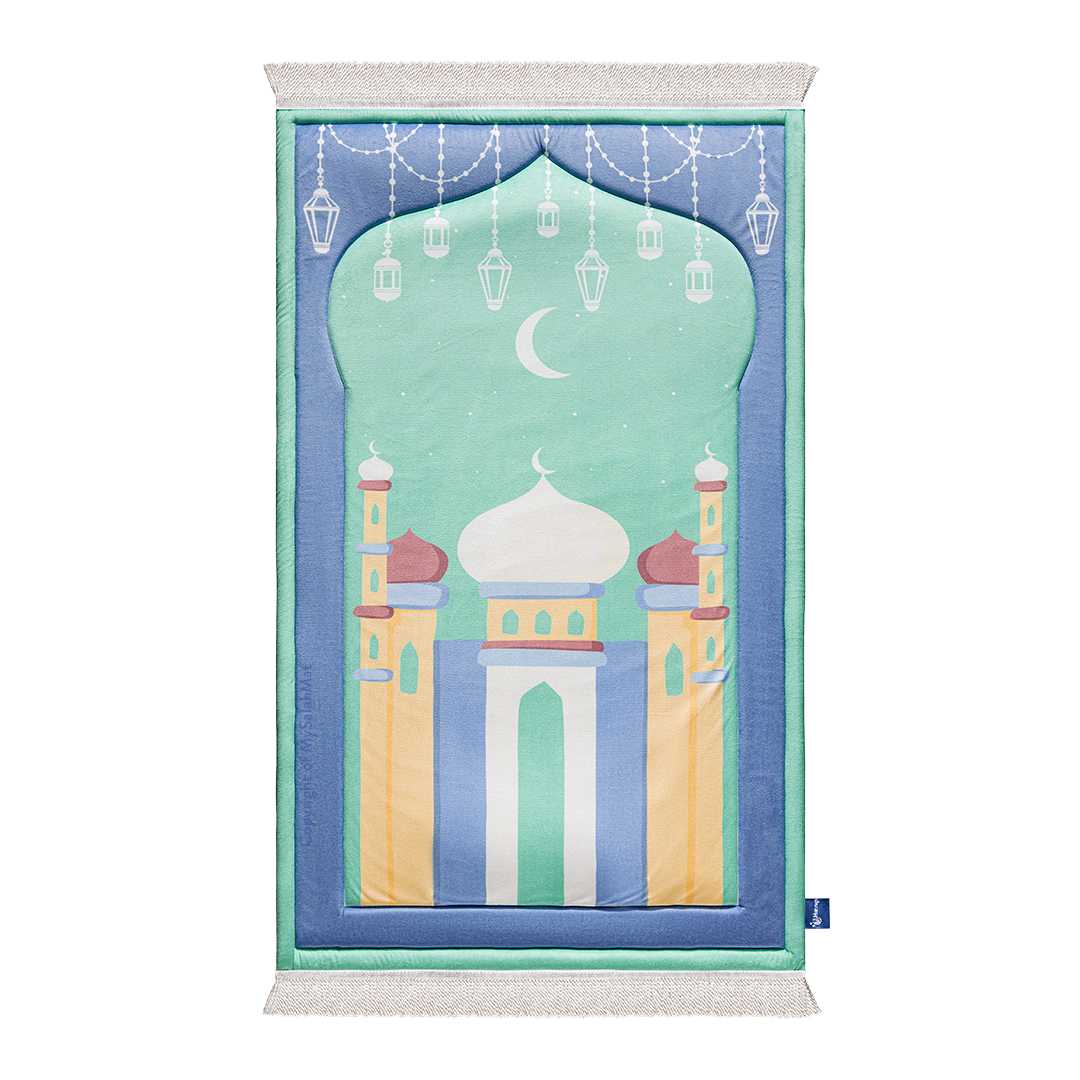 Padded Kids Prayer Mat with Aqua Mumbai Mosque Design by Urban Rugs UK | Ramadan & Eid Gift